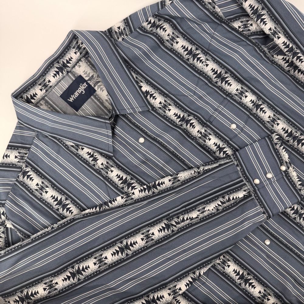 Wrangler Mens XXL Blue Southwestern Aztec Stripe Western Pearl Snap Shirt